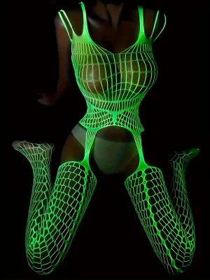 Hot Luminous Fishnet Bodystocking, Women's Sexy Hollow Out Bodystocking Lingerie & Underwear